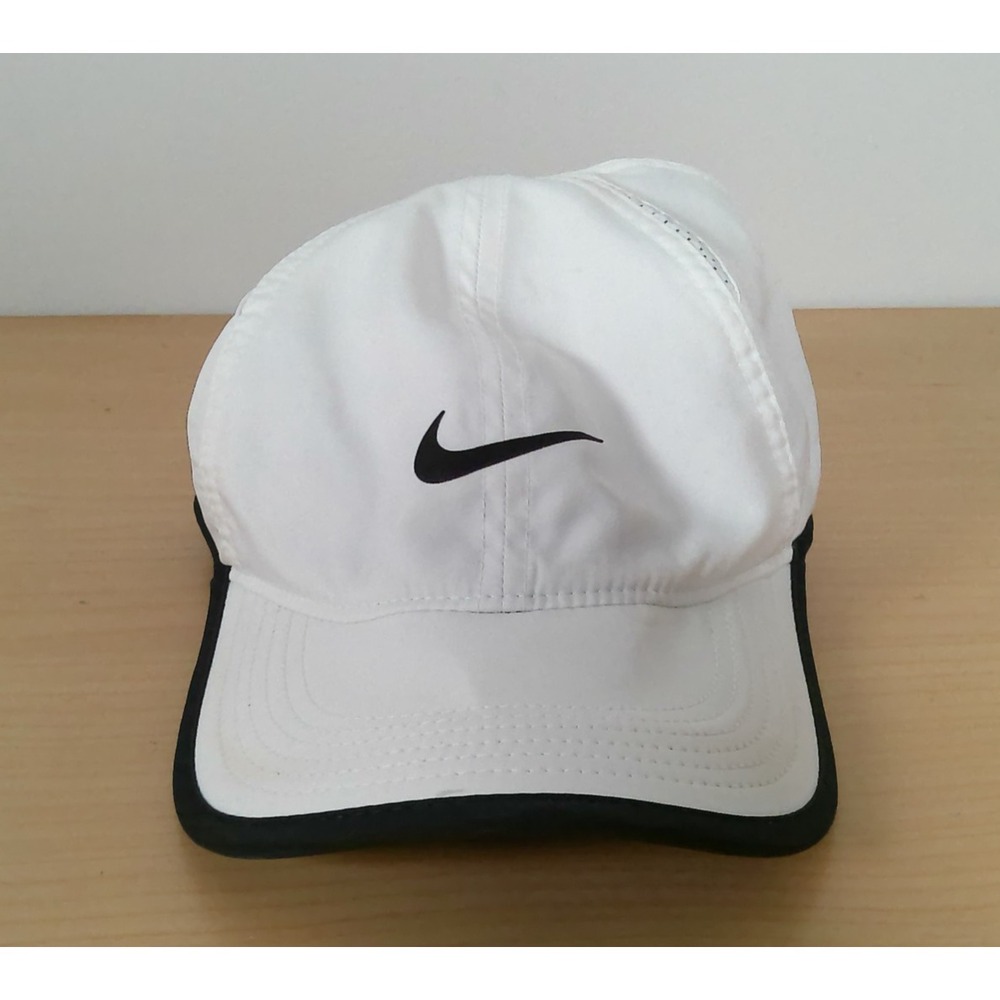 Nike Featherlight Dri-FIT White Black Running Tennis Hat Cap Reflective Tag